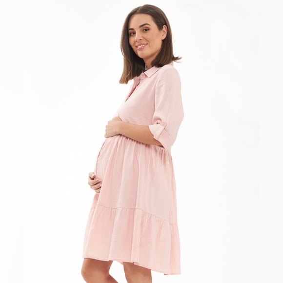 Ripe Maternity Women’s Adel Linen Blend Soft Pink Flowy Shirt Dress. Size M. NWT - Picture 4 of 12